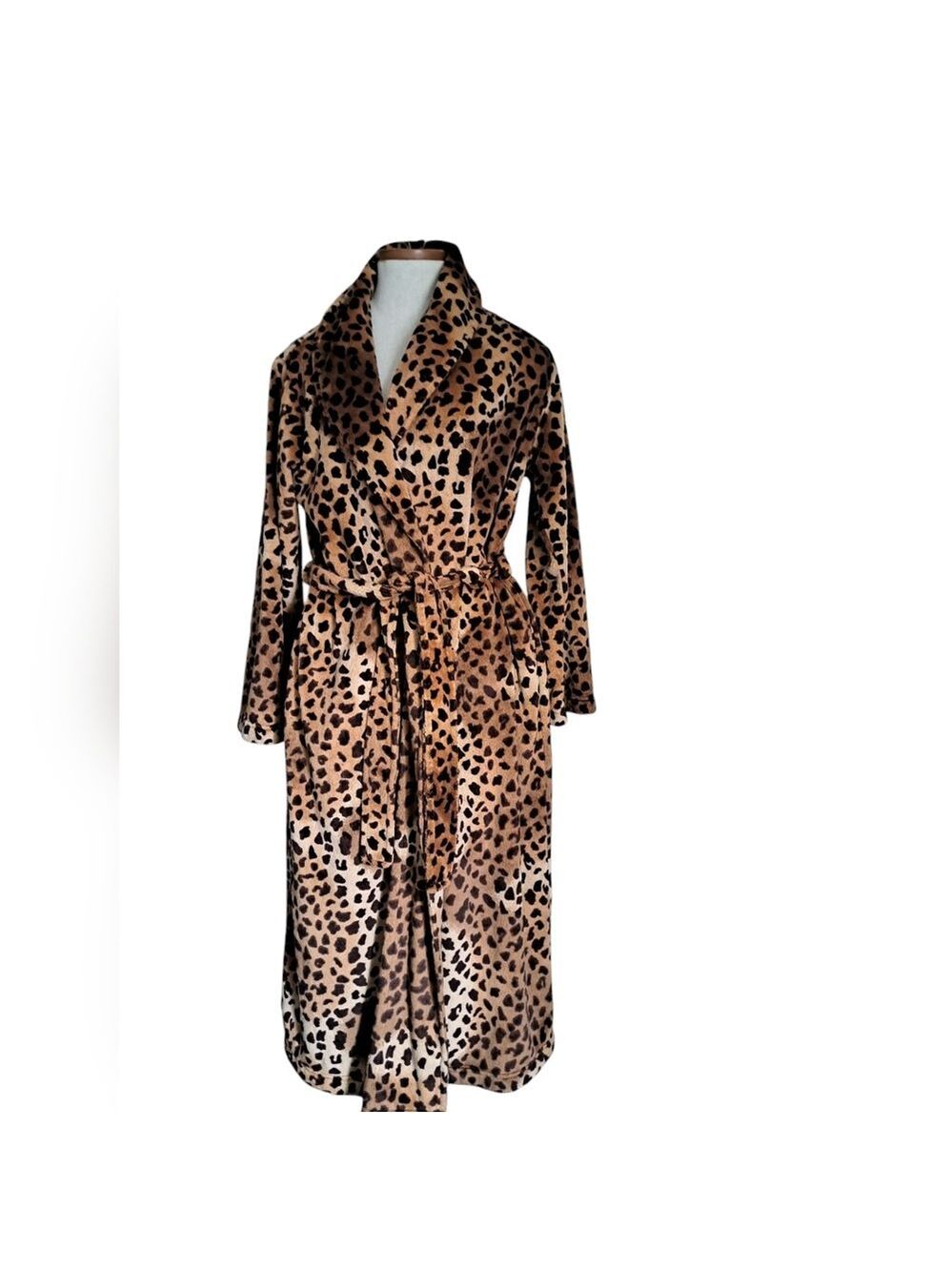 CAPELLI NewYork Leopard Print Plush Robe Shawl Collar Cozy Belted Pockets Small